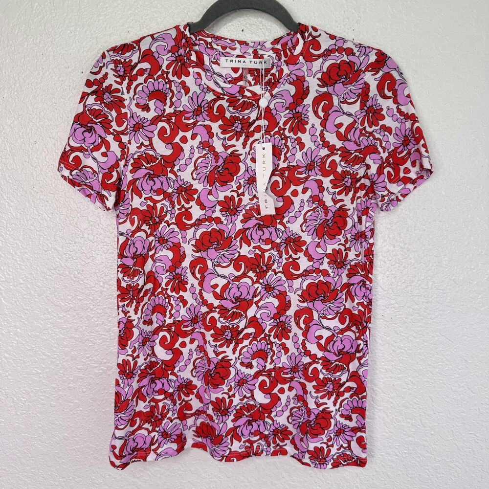 Trina Turk Top Women XS Floral Pima Cotton Jersey Tee Multicolor Shirt NEW $98